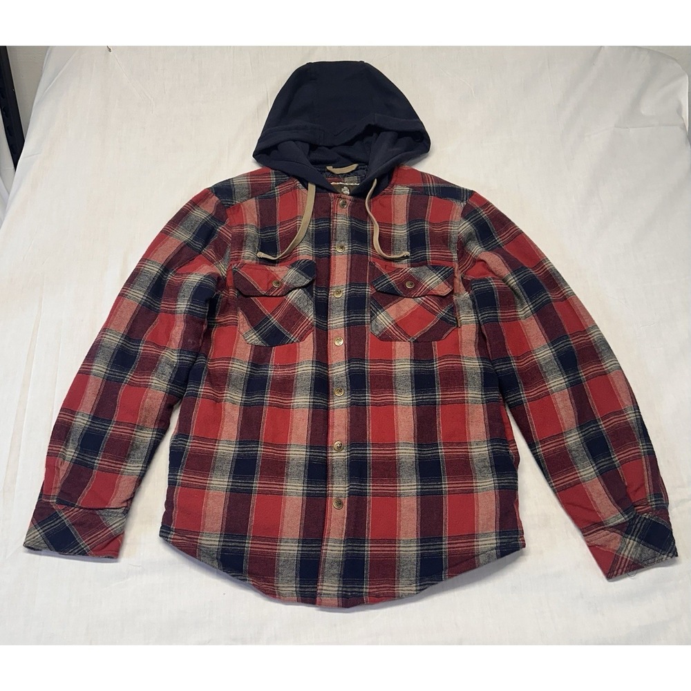 LEGENDARY OUTFITTERS MEDIUM MENS QUILT LINED FLEECE HOOD FLANNEL JACKET RED/BLUE